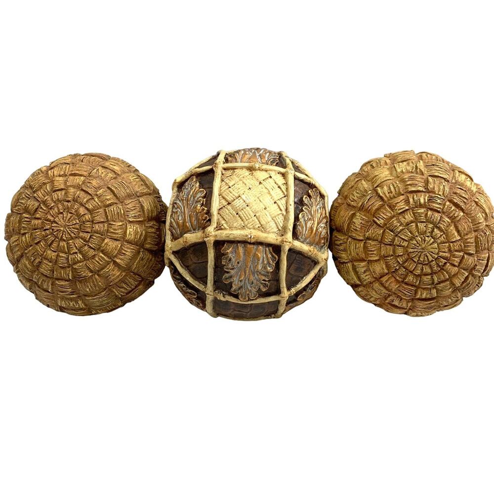 3 Ornate Decorative Balls Brown Tan Gold Spheres for Centerpiece Bowl‎